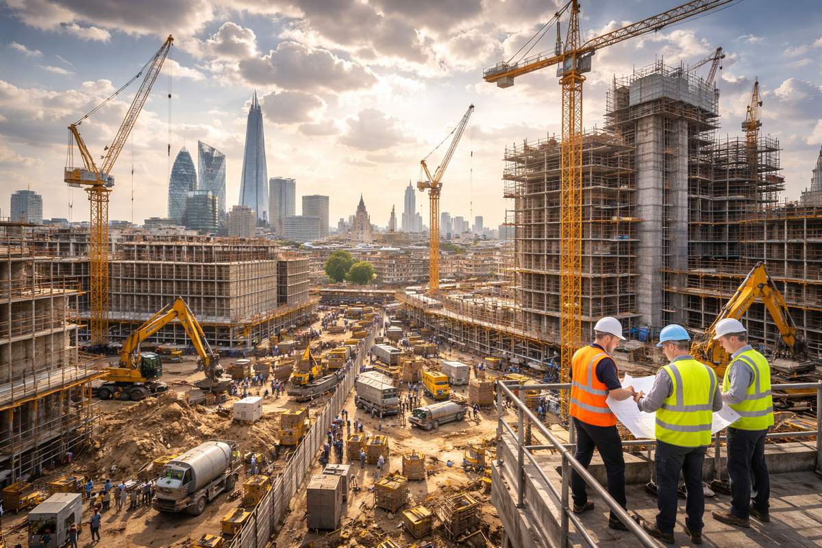 Large London construction site with tower cranes and the city skyline at dusk